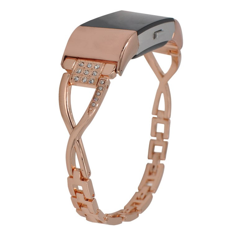 Aluminum Alloy X-shaped Watch Strap with Rhinestones Decor Smart Watch Band Wrist Strap for Fitbit Charge 6 / 5 - Rose Gold