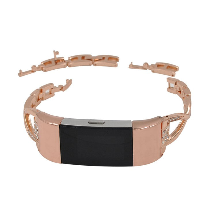 Aluminum Alloy X-shaped Watch Strap with Rhinestones Decor Smart Watch Band Wrist Strap for Fitbit Charge 6 / 5 - Rose Gold