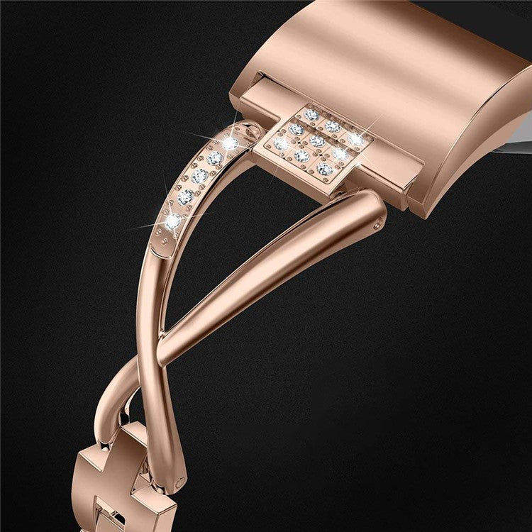Aluminum Alloy X-shaped Watch Strap with Rhinestones Decor Smart Watch Band Wrist Strap for Fitbit Charge 6 / 5 - Rose Gold