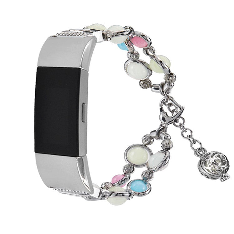 Agate Luminous Bead Decor Metal Replacement Watch Band Wrist Strap for Fitbit Charge 6 / 5 - Silver