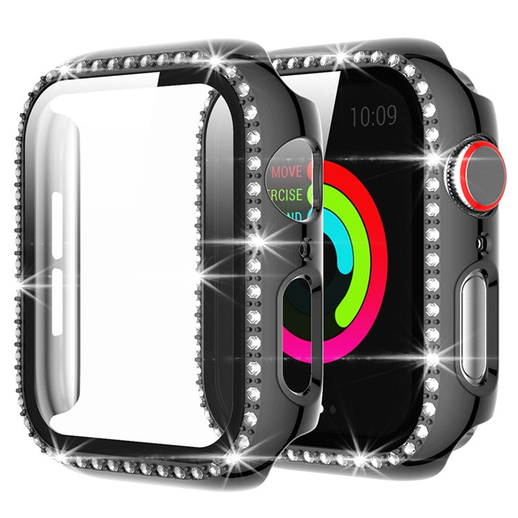 Single Row Rhinestone Decorative PC Watch Case Cover + Tempered Glass Screen Protector for Apple Watch Series 3/2/1 42mm - Grey