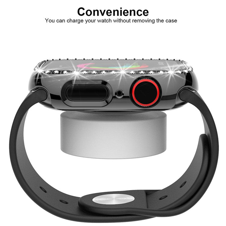 Single Row Rhinestone Decorative PC Watch Case Cover + Tempered Glass Screen Protector for Apple Watch Series 3/2/1 42mm - Grey
