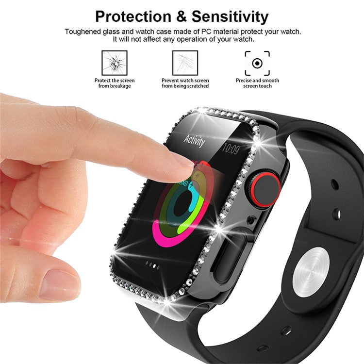Single Row Rhinestone Decorative PC Watch Case Cover + Tempered Glass Screen Protector for Apple Watch Series 3/2/1 42mm - Grey