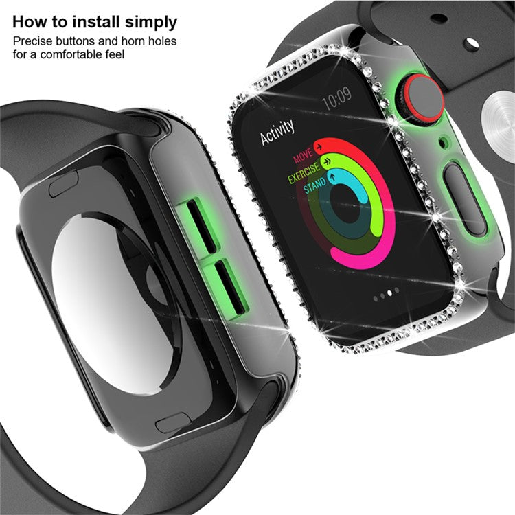 Single Row Rhinestone Decorative PC Watch Case Cover + Tempered Glass Screen Protector for Apple Watch Series 3/2/1 42mm - Grey