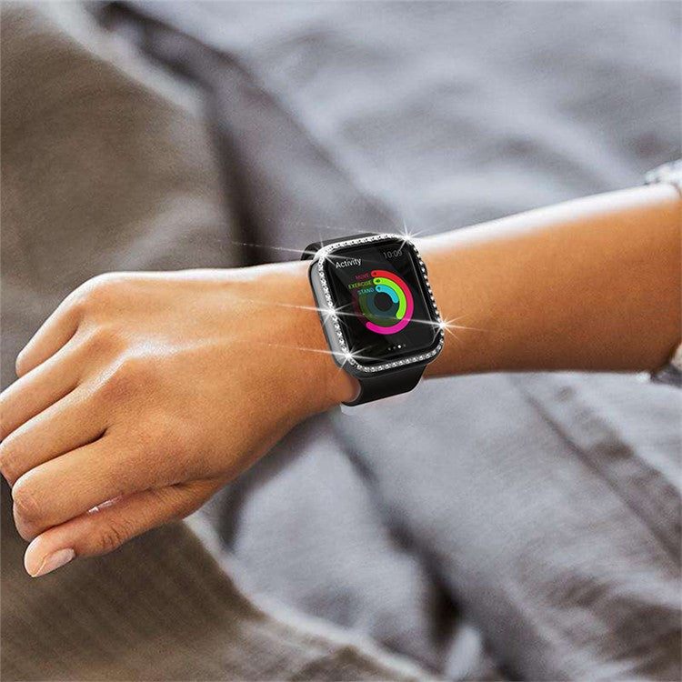 Single Row Rhinestone Decorative PC Watch Case Cover + Tempered Glass Screen Protector for Apple Watch Series 3/2/1 42mm - Grey
