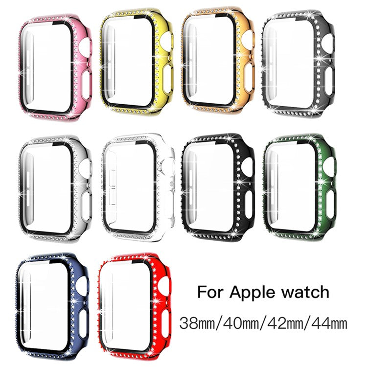 Single Row Rhinestone Decorative PC Watch Case Cover + Tempered Glass Screen Protector for Apple Watch Series 3/2/1 42mm - Grey