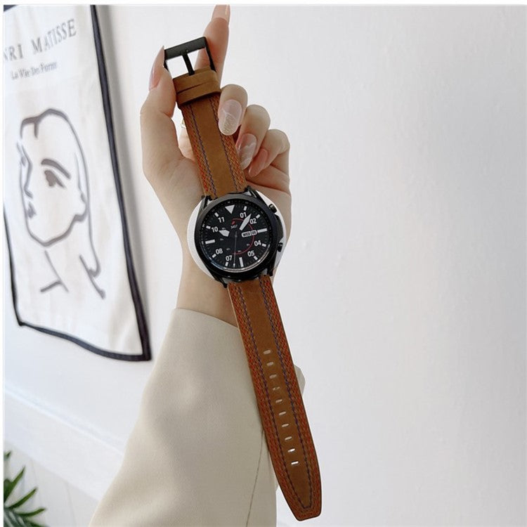 22mm Stitching Decor Genuine Leather Smart Watch Replacement Strap for Samsung Galaxy Watch3 45mm/Suunto 9 Peak - Brown