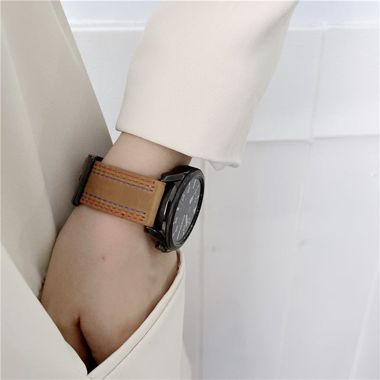 22mm Stitching Decor Genuine Leather Smart Watch Replacement Strap for Samsung Galaxy Watch3 45mm/Suunto 9 Peak - Brown