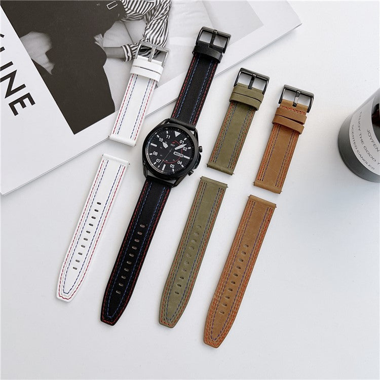 22mm Stitching Decor Genuine Leather Smart Watch Replacement Strap for Samsung Galaxy Watch3 45mm/Suunto 9 Peak - Brown