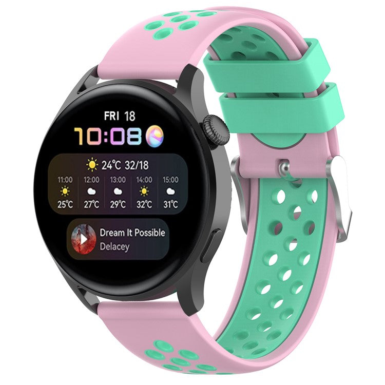 22mm Breathable Dual Color Silicone Watch Strap Wristband with Multiple Holes Design for Huawei Watch GT3 46mm/Samsung Gear S3 Frontier/Classic - Pink/Teal
