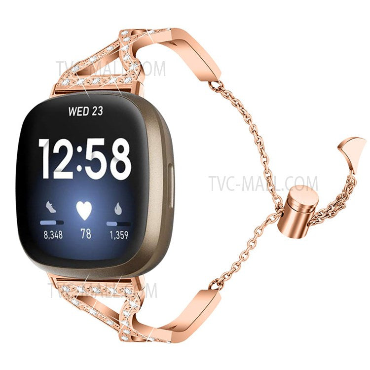 Hollow Out Rhinestone Decor 304 Stainless Steel Smart Watch Strap Women Slide Bracelet Wristband for Fitbit Versa 3/Fitbit Sense - Rose Gold