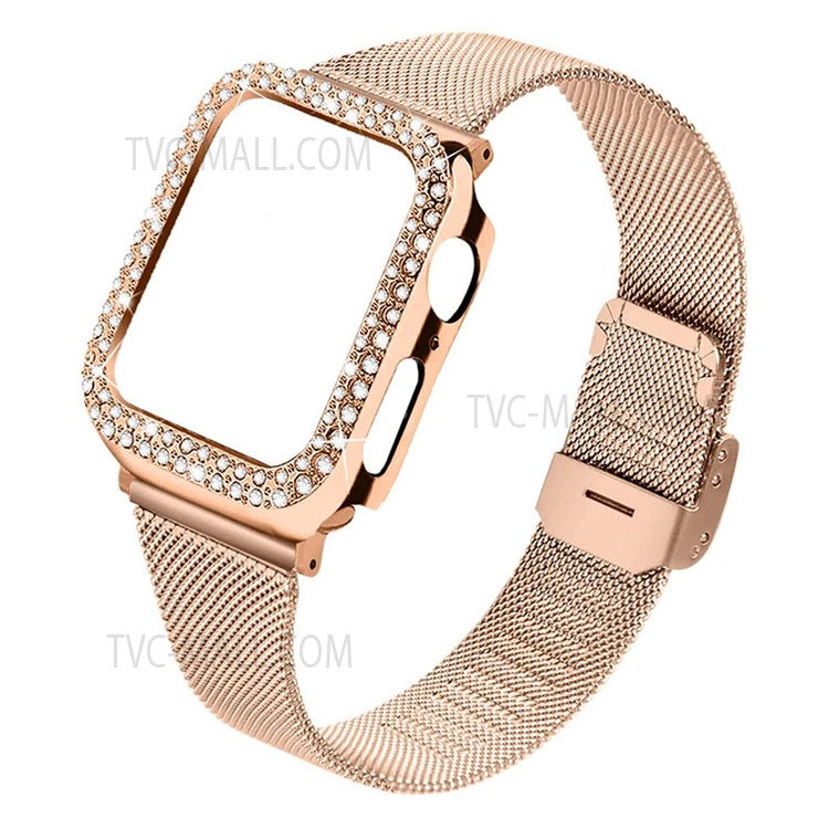 Stainless Steel Milanese Wristband Smart Watch Wrist Strap Replacement + Rhinestone Watch Protective Case for Apple Watch SE 40mm/Series 6/5/4 40mm - Rose Gold