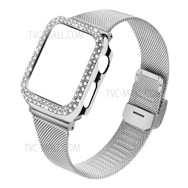 Silver Stainless Steel Milanese Buckle Closure Design Smart Watch Wristband Replacement + Rhinestone Watch Protective Case for Apple Watch Series 7 41mm - Silver