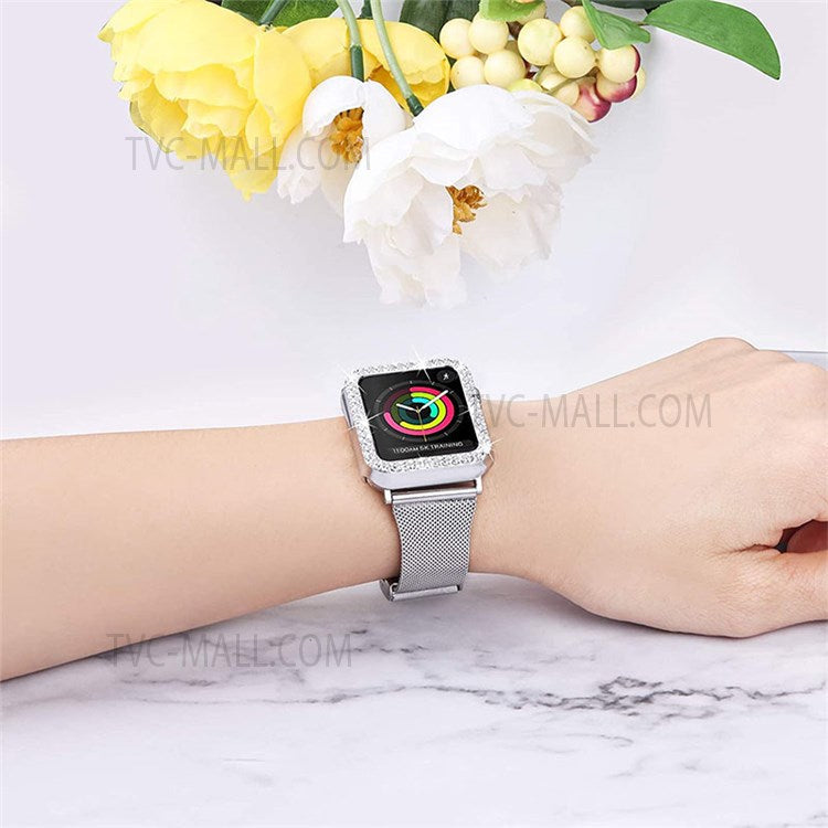 Silver Stainless Steel Milanese Buckle Closure Design Smart Watch Wristband Replacement + Rhinestone Watch Protective Case for Apple Watch Series 7 41mm - Silver