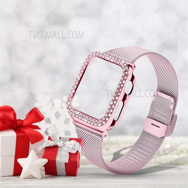 Buckle Closure Milanese Wristband + Rhinestone Watch Protective Cover Watch Strap Replacement Bracelet for Apple Watch Series 7 45mm - Rose Pink