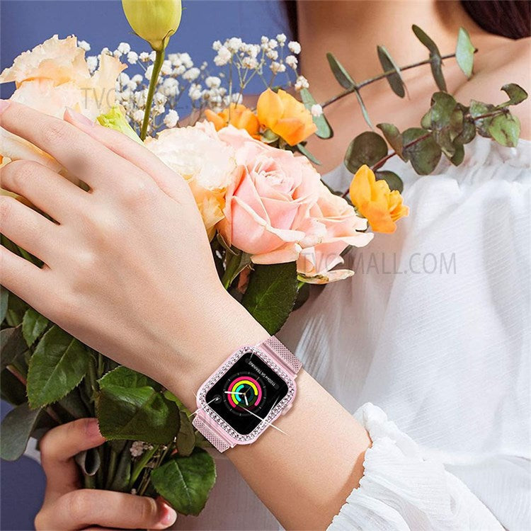 Buckle Closure Milanese Wristband + Rhinestone Watch Protective Cover Watch Strap Replacement Bracelet for Apple Watch Series 7 45mm - Rose Pink