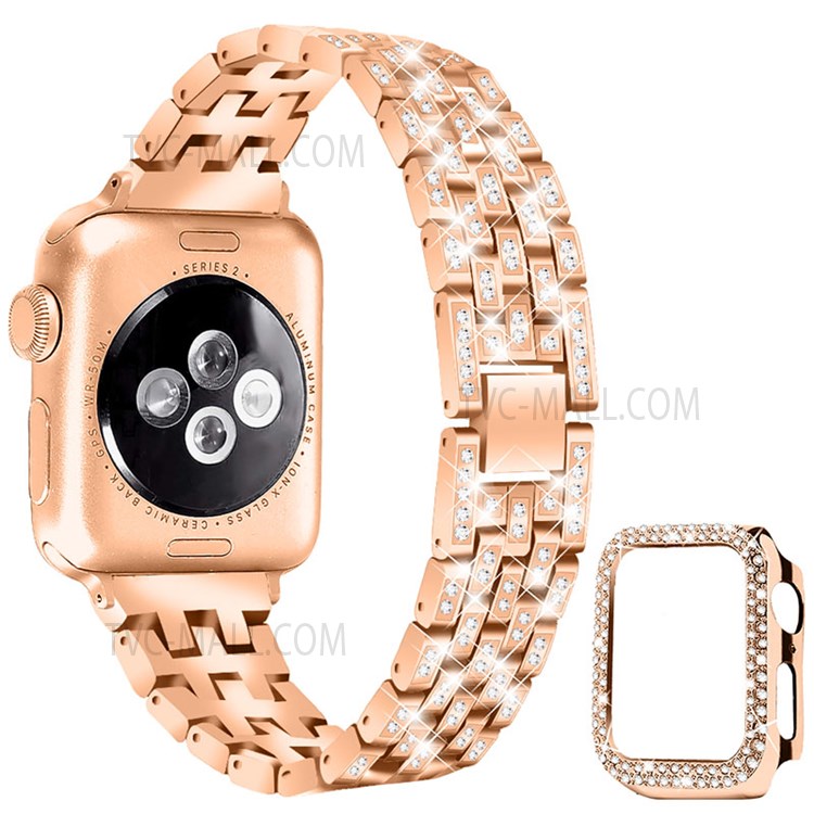 Five Beads Metal Smart Watch Band Wrist Strap + Rhinestone Decor Watch Case for Apple Watch SE 44mm / SE (2022) 44mm / SE (2022) 44mm Series 6 / 5 / 4 44mm - Rose Gold