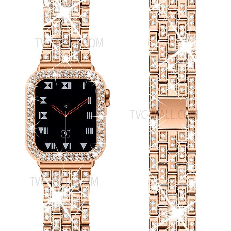 Five Beads Metal Smart Watch Band Wrist Strap + Rhinestone Decor Watch Case for Apple Watch SE 44mm / SE (2022) 44mm / SE (2022) 44mm Series 6 / 5 / 4 44mm - Rose Gold