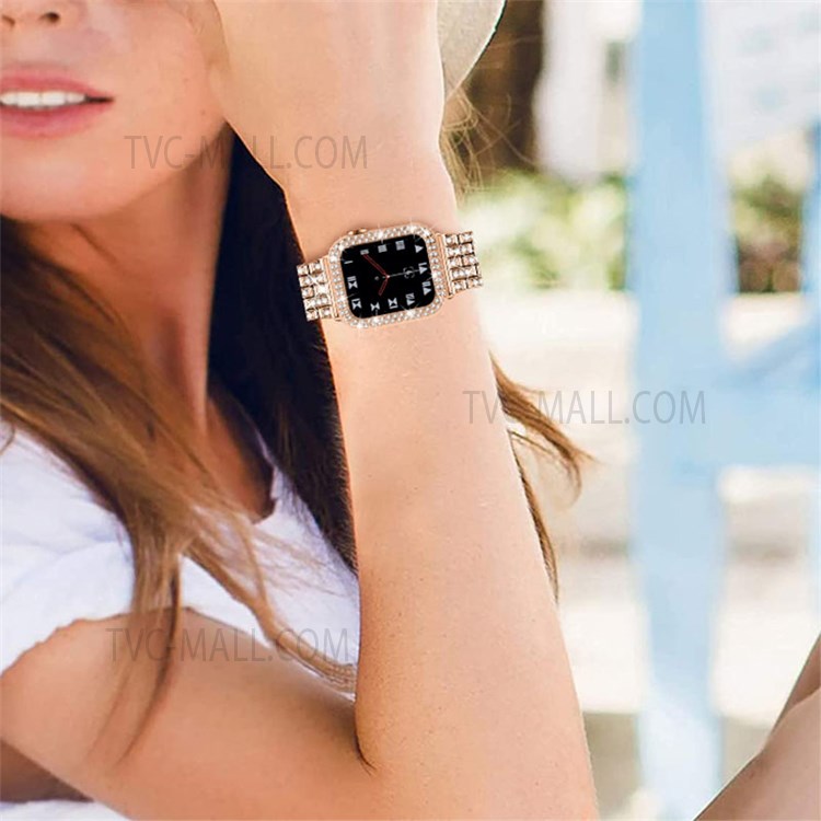 Five Beads Metal Smart Watch Band Wrist Strap + Rhinestone Decor Watch Case for Apple Watch SE 44mm / SE (2022) 44mm / SE (2022) 44mm Series 6 / 5 / 4 44mm - Rose Gold