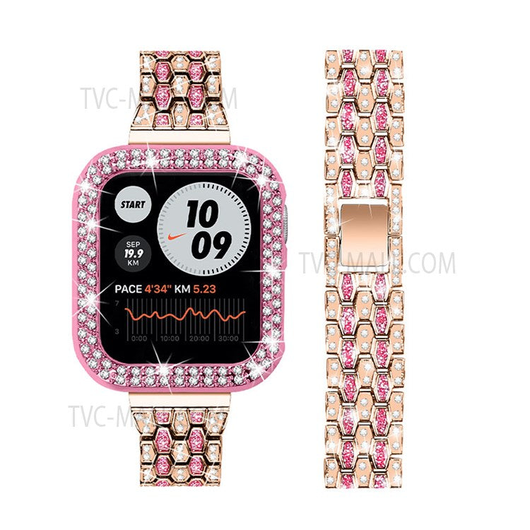 Rhinestone Decor Five Beads Metal Watch Strap Replacement + Anti-Wear Protective Case for Apple Watch Series 3 / 2 / 1 38mm - Rose Gold / Rose / Rose Pink