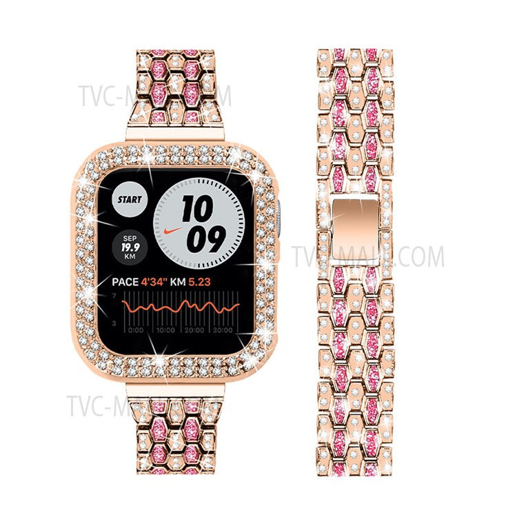 Five Beads Rhinestone Metal Watchband Strap + Anti-scratch Protective Watch Cover Case for Apple Watch Series 3/2/1 42mm - Rose Gold/Rose/Rose Gold
