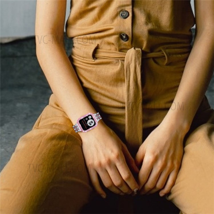 Luxury 3 Rows Rhinestone Decor 5 Beads Stainless Steel iWatch Watchband + PC Watch Case Protective Cover for Apple Watch Series 6 / 5 / 4 / SE 44mm / SE (2022) 44mm - Silver / Rose / Rose Pink