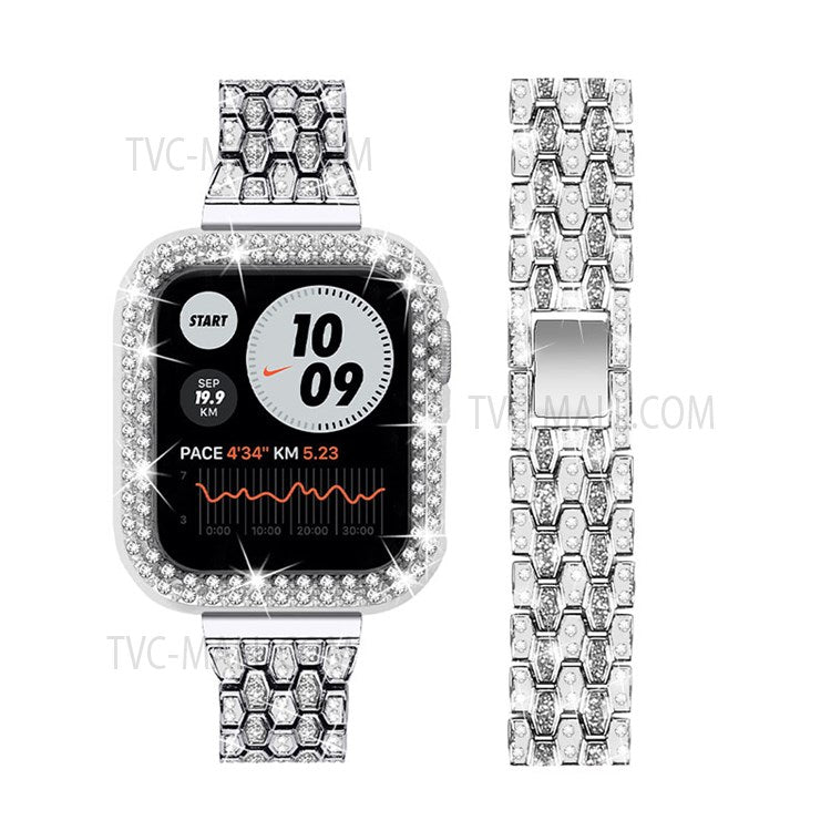 Five Beads Metal Watch Strap + Protective Case Rhinestone Decor Anti-Scratch Replacement for Apple Watch Series 7 45mm - Silver/Transparent/Transparent