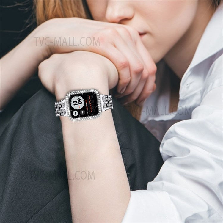 Five Beads Metal Watch Strap + Protective Case Rhinestone Decor Anti-Scratch Replacement for Apple Watch Series 7 45mm - Silver/Transparent/Transparent