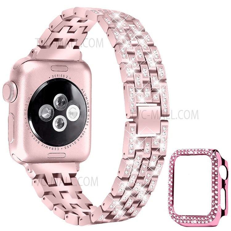 5 Beads Rhinestone Decor Stainless Steel Watch Strap + PC Watch Case Protective Cover for Apple Watch Series 7 45mm - Rose Pink