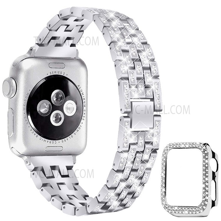 5 Beads Rhinestone Decor Stainless Steel Watch Strap + PC Watch Case Protective Cover for Apple Watch Series 7 45mm - Silver