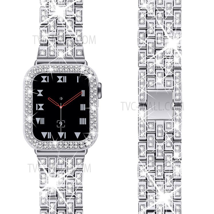 5 Beads Rhinestone Decor Stainless Steel Watch Strap + PC Watch Case Protective Cover for Apple Watch Series 7 45mm - Silver