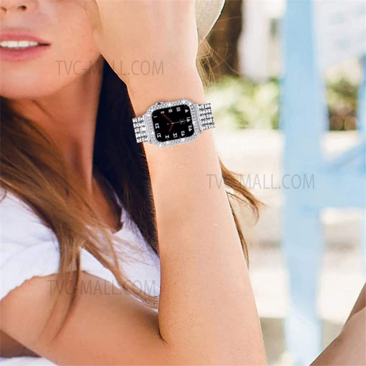 5 Beads Rhinestone Decor Stainless Steel Watch Strap + PC Watch Case Protective Cover for Apple Watch Series 7 45mm - Silver