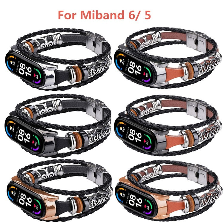 Retro Ethnic Style Smart Watch Wrist Band Strap Beaded Bracelet for Xiaomi Mi Band 5/6 - Black/Gold