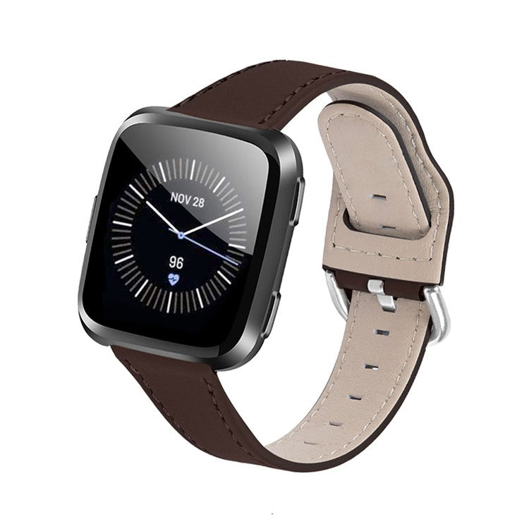 Cowhide Genuine Leather Watch Band Stainless Steel Buckle Wrist Strap for Fitbit Versa 2/Fitbit Versa/Fitbit Versa Lite/Fitbit Versa SE - Coffee
