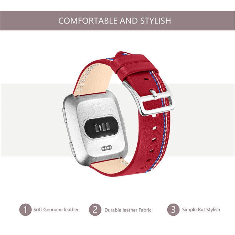 Top Layer Cowhide Leather Stitching Design Wrist Band Watch Strap for Fitbit Versa 2 / Versa / Versa Lite / Versa SE - Red
