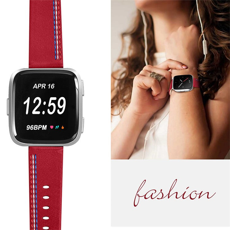 Top Layer Cowhide Leather Stitching Design Wrist Band Watch Strap for Fitbit Versa 2 / Versa / Versa Lite / Versa SE - Red