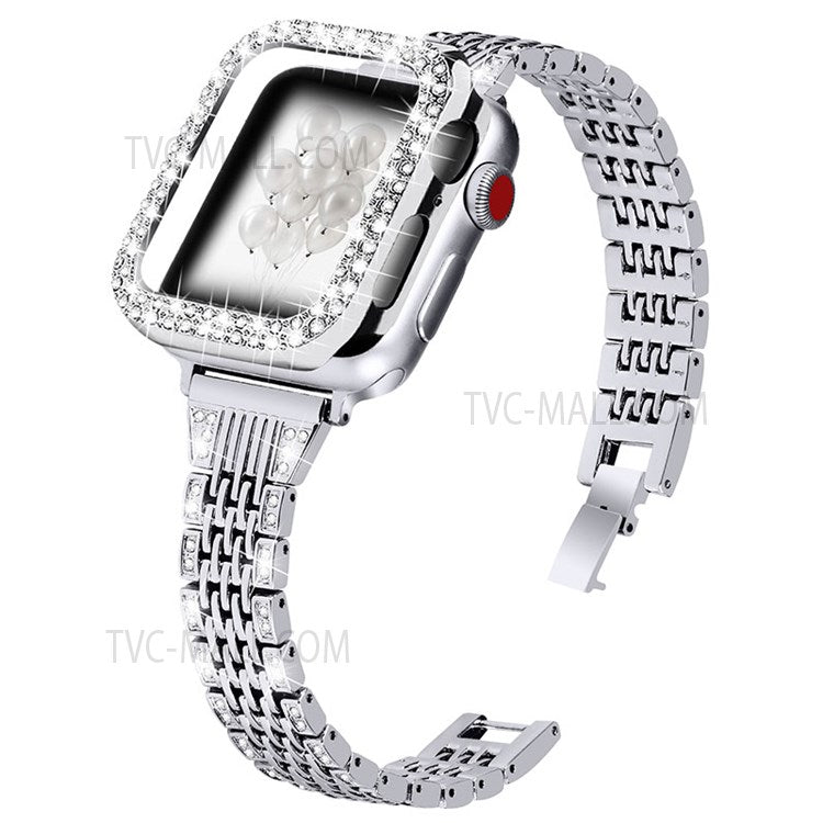 Stainless Steel 7 Beads Smart Watch Band Strap + Rhinestone Decor Watch Case Cover for Apple Watch Series 3/2/1 42mm - Silver