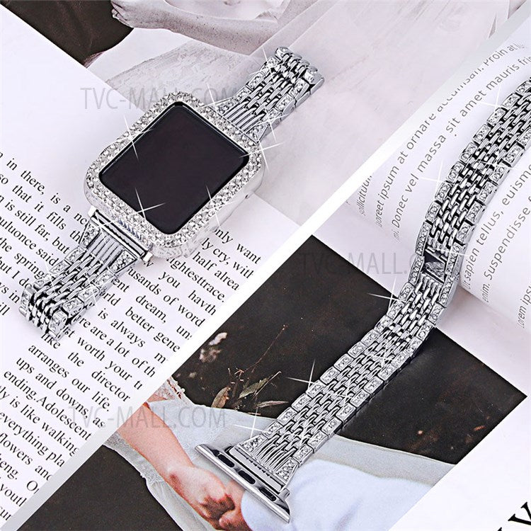 Stainless Steel 7 Beads Smart Watch Band Strap + Rhinestone Decor Watch Case Cover for Apple Watch Series 3/2/1 42mm - Silver
