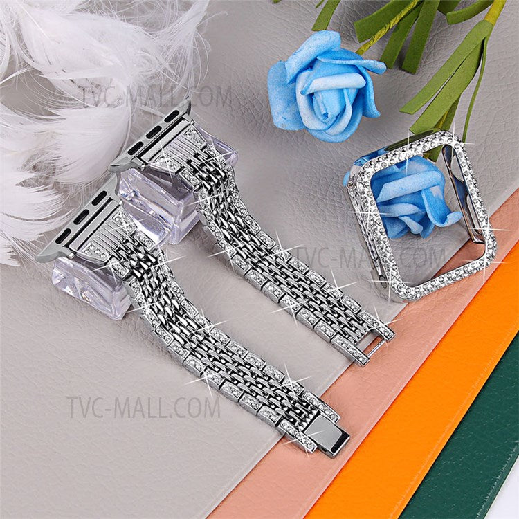Stainless Steel 7 Beads Smart Watch Band Strap + Rhinestone Decor Watch Case Cover for Apple Watch Series 3/2/1 42mm - Silver