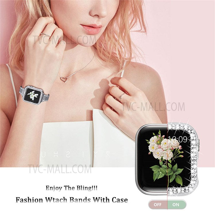 Stainless Steel 7 Beads Smart Watch Band Strap + Rhinestone Decor Watch Case Cover for Apple Watch Series 3/2/1 42mm - Silver