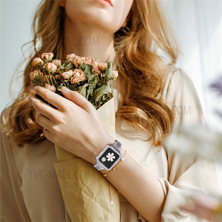 Stainless Steel 7 Beads Smart Watch Band Strap + Rhinestone Decor Watch Case Cover for Apple Watch Series 3/2/1 42mm - Silver