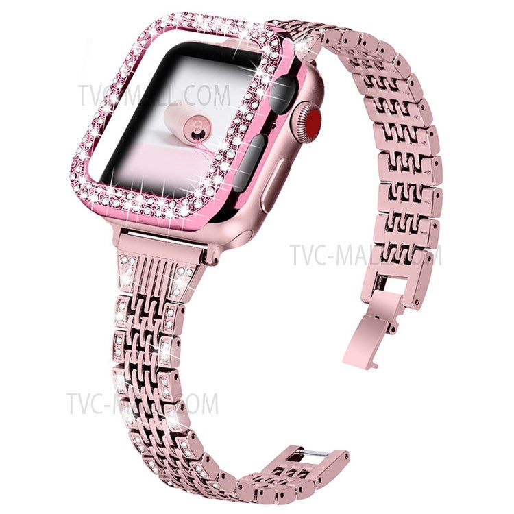 Shiny Rhinestone 7 Beads Stainless Steel Watchband Strap + Protective PC Watch Case Cover for Apple Watch Series 7 41mm - Rose Pink