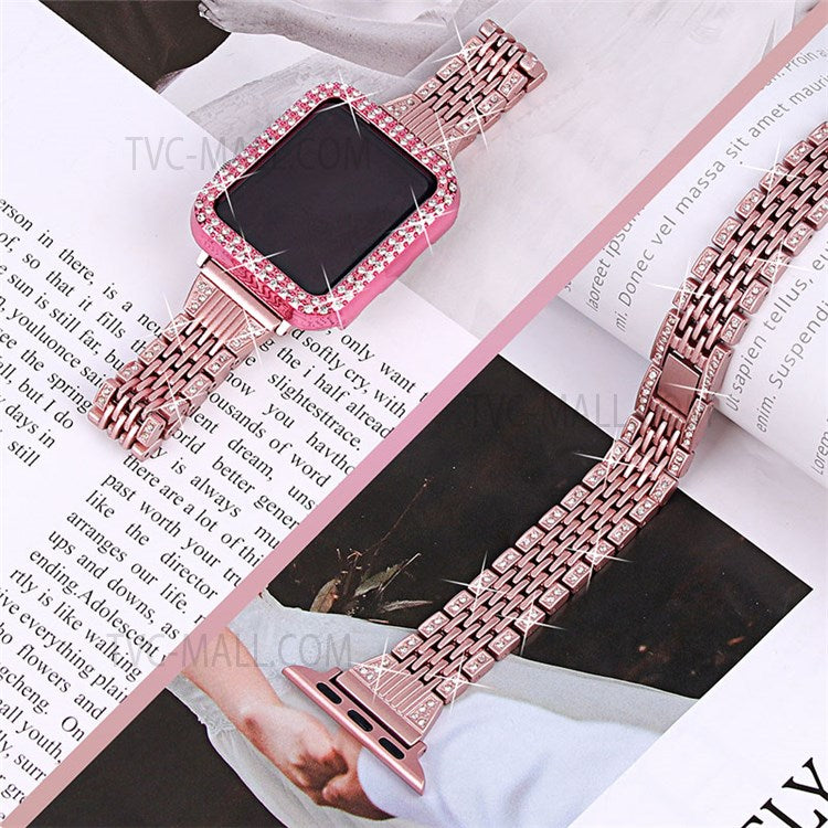 Shiny Rhinestone 7 Beads Stainless Steel Watchband Strap + Protective PC Watch Case Cover for Apple Watch Series 7 41mm - Rose Pink