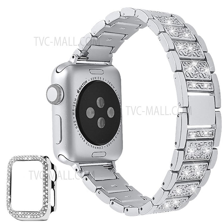 3 Beads Rhinestone Decor Stainless Steel Watch Strap + Double Row Rhinestone PC Drop-proof Watch Case Cover for Apple Watch Series 1/2/3 42mm - Silver