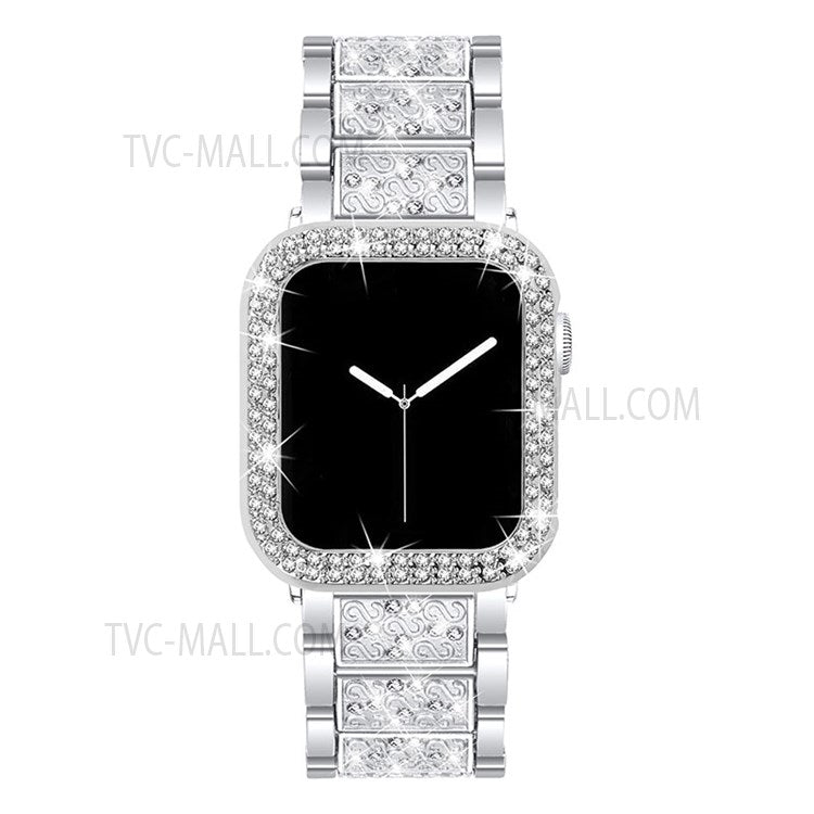 3 Beads Rhinestone Decor Stainless Steel Watch Strap + Double Row Rhinestone PC Drop-proof Watch Case Cover for Apple Watch Series 1/2/3 42mm - Silver