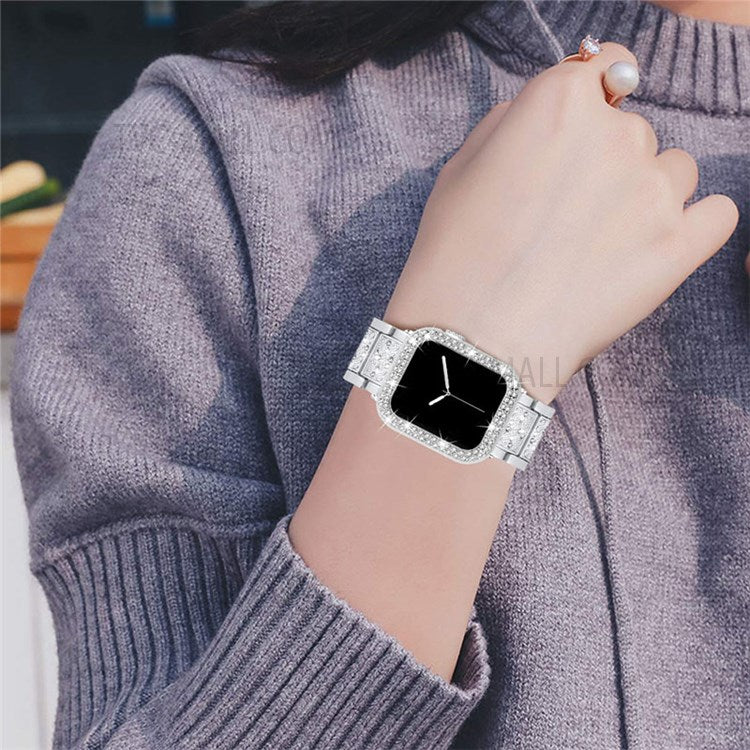 3 Beads Rhinestone Decor Stainless Steel Watch Strap + Double Row Rhinestone PC Drop-proof Watch Case Cover for Apple Watch Series 1/2/3 42mm - Silver
