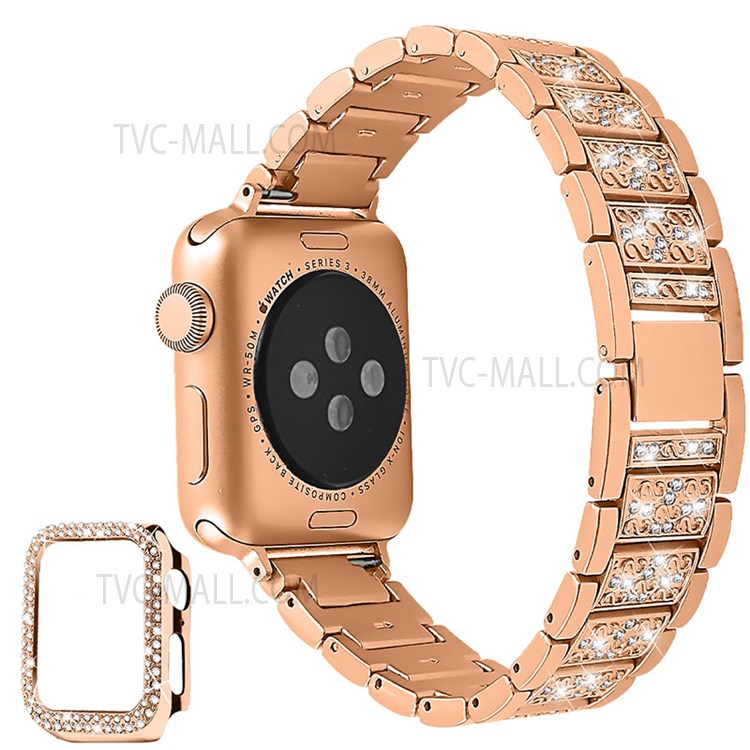 3 Beads Rhinestone Decor Stainless Steel Watch Strap + Double Row Rhinestone PC Drop-proof Watch Case Cover for Apple Watch Series 1/2/3 42mm - Rose Gold