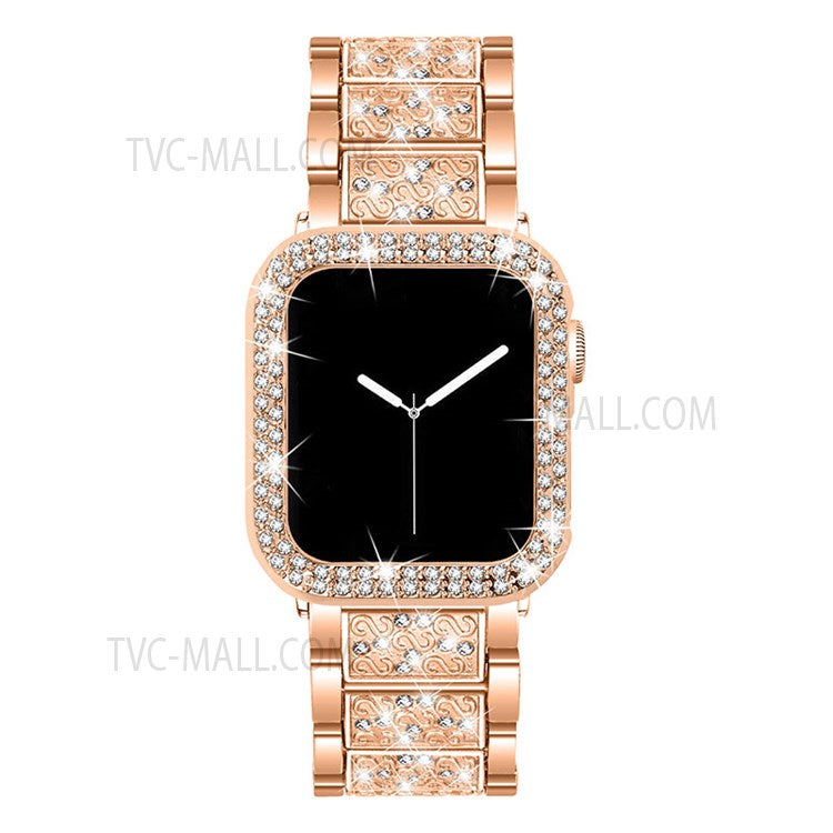 3 Beads Rhinestone Decor Stainless Steel Watch Strap + Double Row Rhinestone PC Drop-proof Watch Case Cover for Apple Watch Series 1/2/3 42mm - Rose Gold