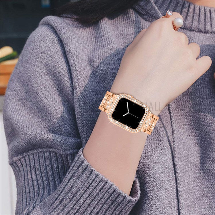 3 Beads Rhinestone Decor Stainless Steel Watch Strap + Double Row Rhinestone PC Drop-proof Watch Case Cover for Apple Watch Series 1/2/3 42mm - Rose Gold