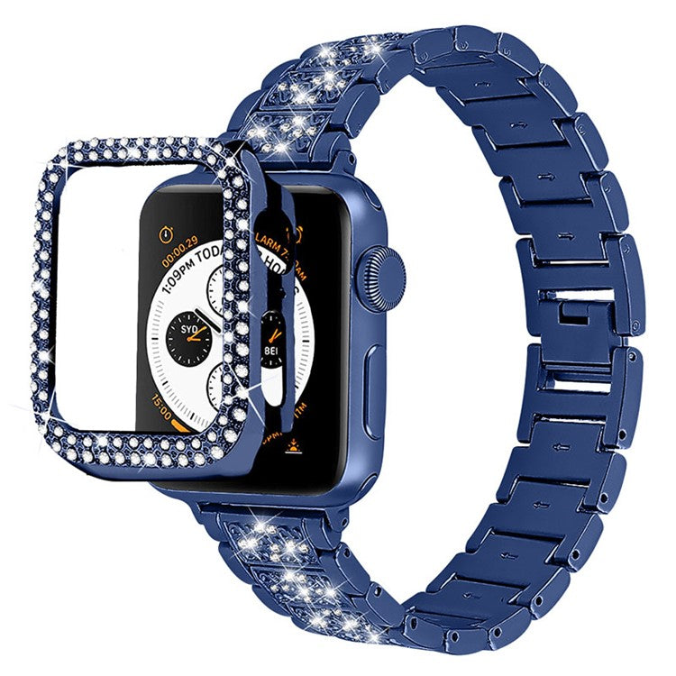 Rhinestone Decor 3 Beads Replacement Watch Strap + Anti-Scratch Double Row Rhinestone PC Watch Case Cover for Apple Watch Series 7 41mm - Blue